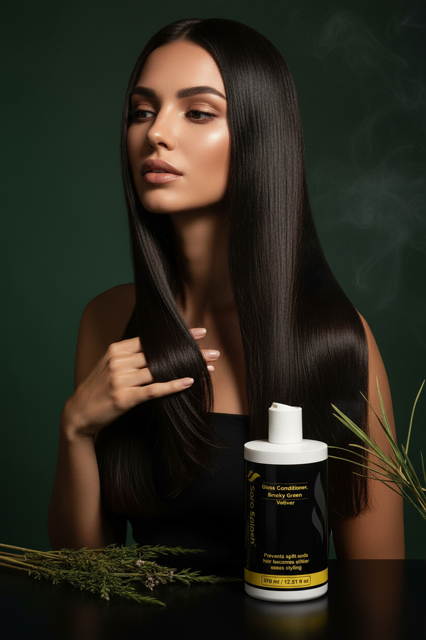 Sara Splash Gloss Conditioner Smoky Green Vetiver with Model